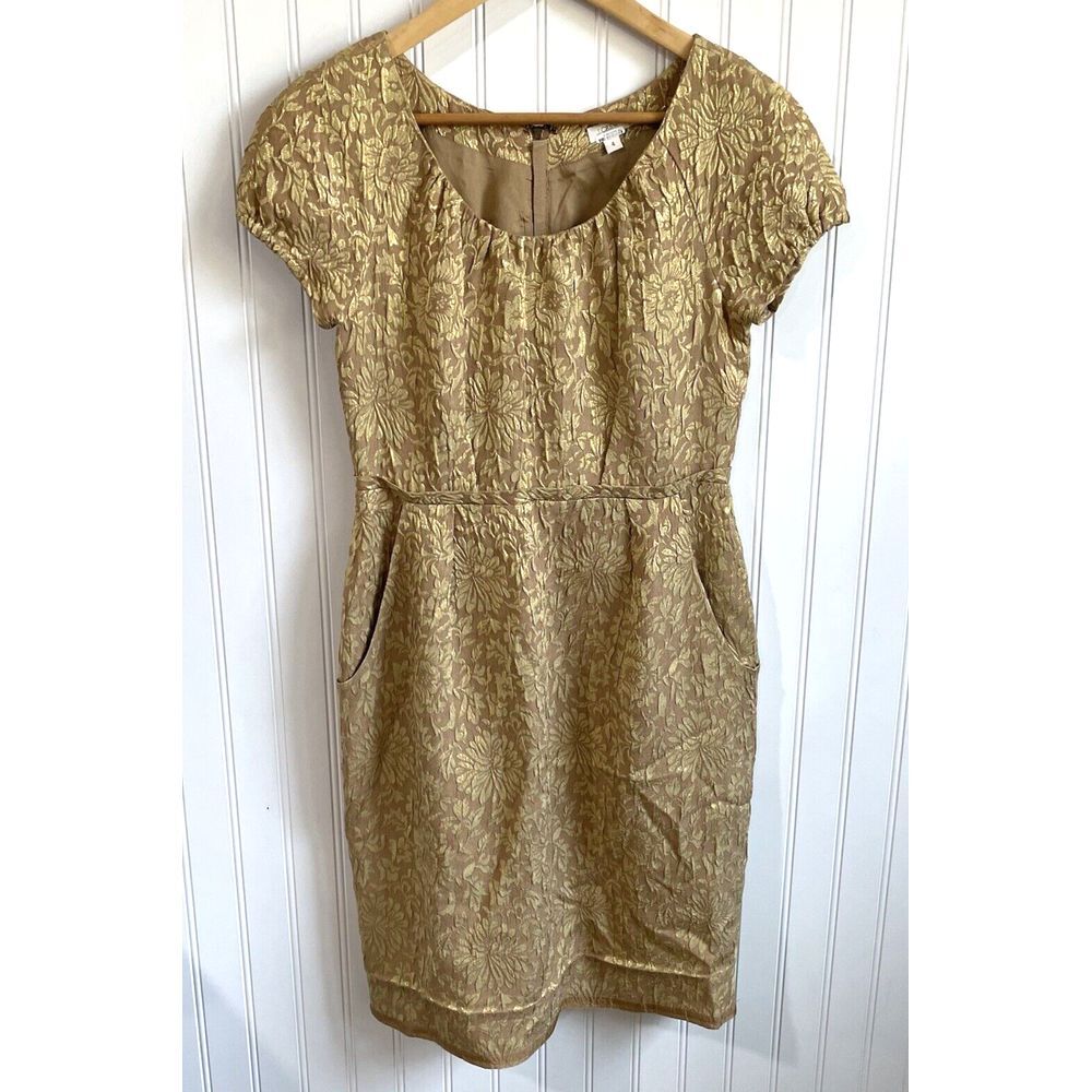 J Crew Dress Womens 4 Gold Shimmery Mini Lined Front Slit Pockets